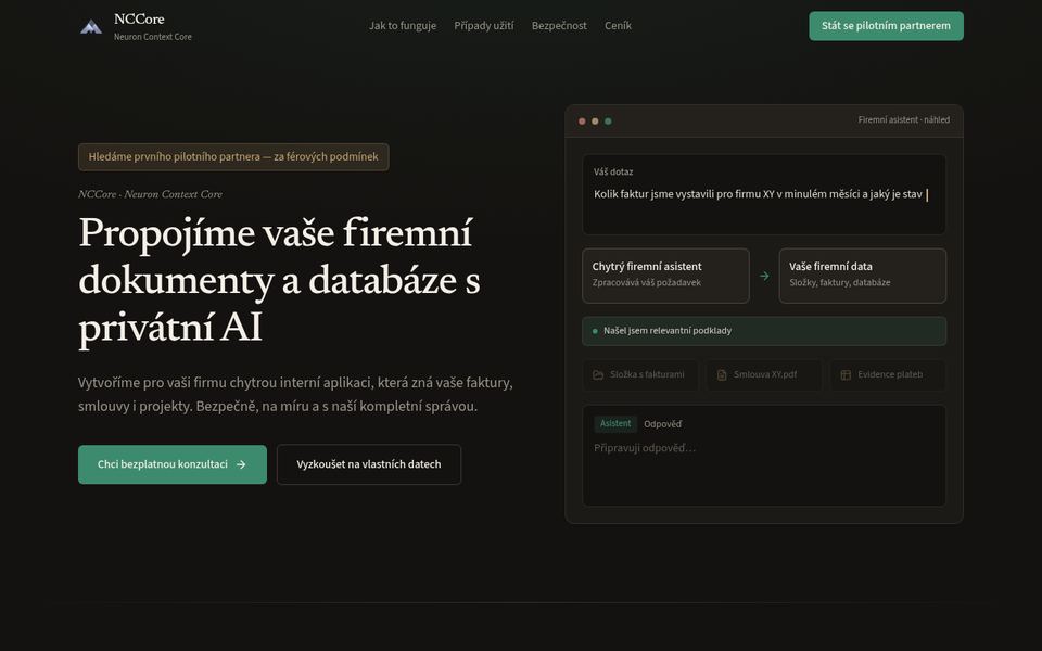 Úvodní stránka NCCore s firemním AI asistentem nad dokumenty a databází